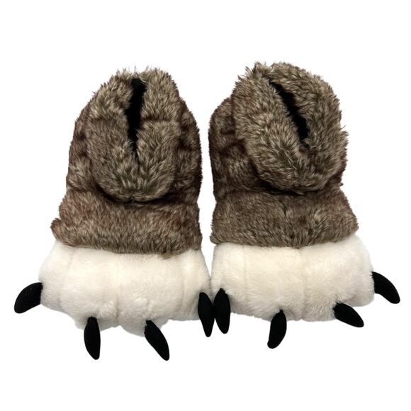 Lazy One Slippers Mens Size Large Brown White Bear Paw Claw Plush Cozy - Picture 1 of 8